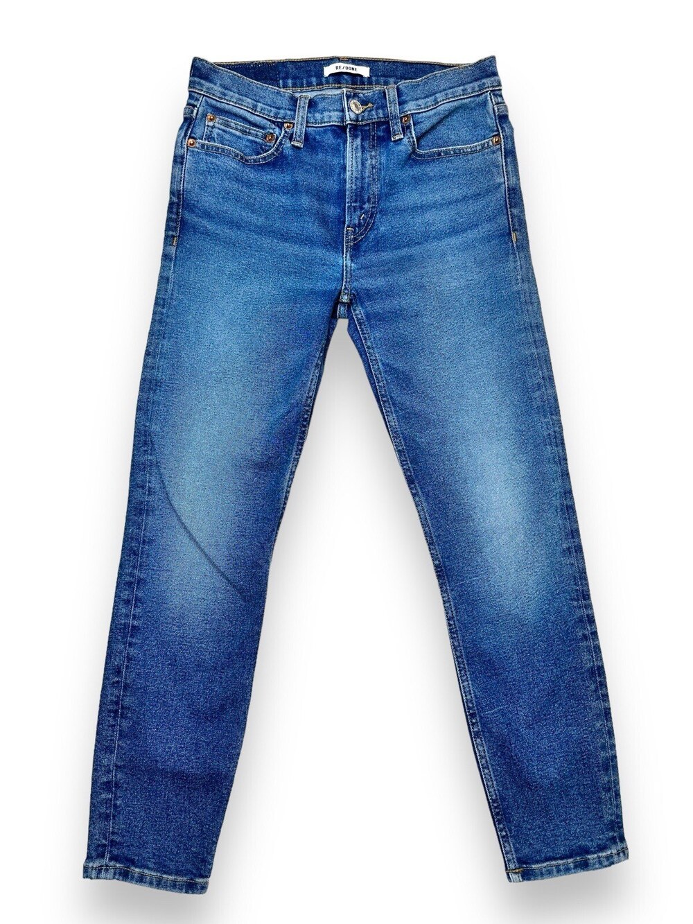 Re/Done 90s Mid Rise Ankle Crop Jeans Women's 26 Regal Dark Blue Wash Denim $265